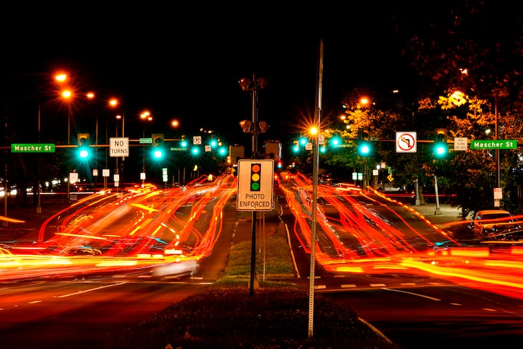 Time-lapse showing night traffic zooming by on Roosevelt Boulevard in this 2022 photo.