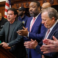 David Adelman with Philadelphia Sixers making statement. At left is mayor Parker, at right City Council President Kenyatta Johnson and Josh Harris, Sixers owner. Philadelphia Mayor Cherelle Parker held a presser in the Mayors Reception Room, City Hall regarding the Sixers changing directions on controversial Center City arena, Monday, Jan. 13, 2025.