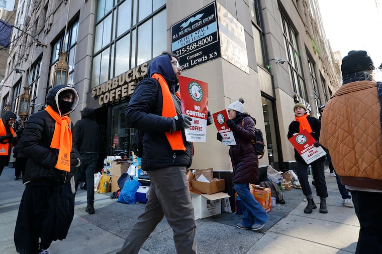 Starbucks workers and supporters strike at the 16th and Walnut Streets location in Center City on Sunday morning, joining workers at stores in at least eight cities.