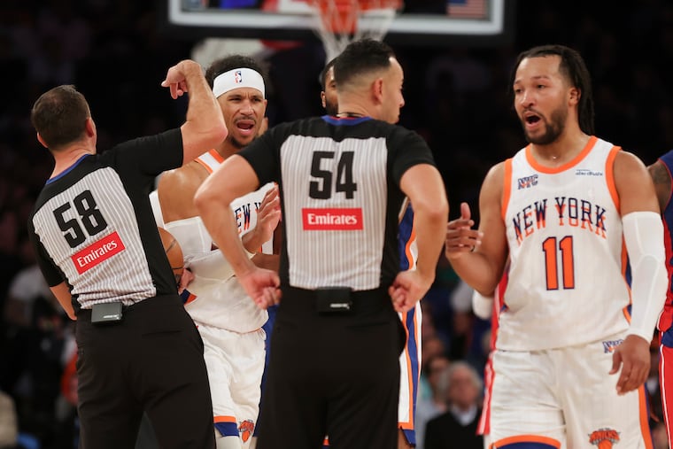 The Knicks' Josh Hart (left) receives a second technical foul and is ejected while teammate Jalen Brunson speaks to the officials during a loss to the Pistons on Monday.