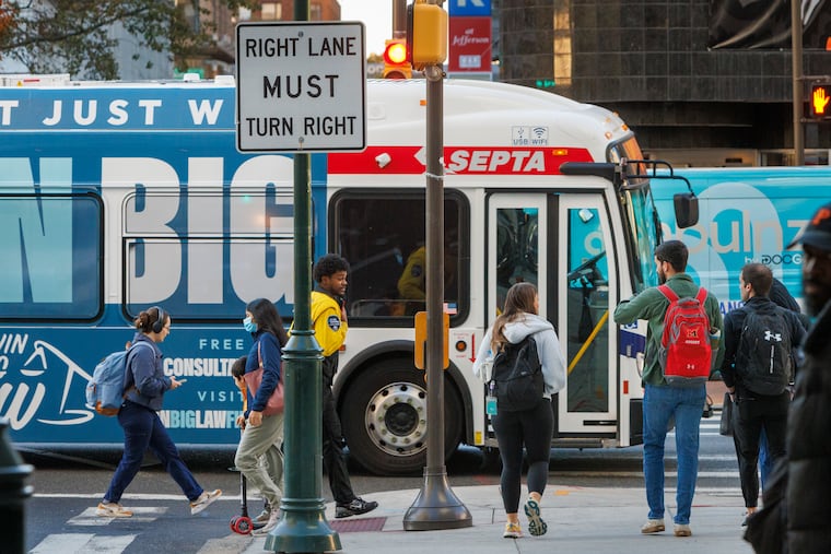 SEPTA bus crosses 9th and Market Street in Center City Philadelphia on Friday morning November 8, 2024. SEPTA increased its fares by 7.5%, increasing most fares by 50 cents to $2, starting Dec. 1, 2024.