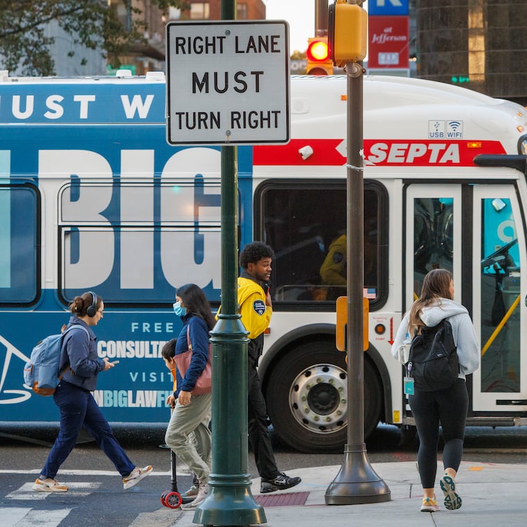 SEPTA bus crosses 9th and Market Street in Center City Philadelphia on Friday morning November 8, 2024. SEPTA increased its fares by 7.5%, increasing most fares by 50 cents to $2, starting Dec. 1, 2024.