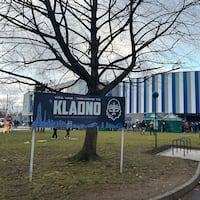 Outside CEŽ Stadion, the home rink of Rytíři Kladno, the club Jaromír Jágr owns and still plays for.