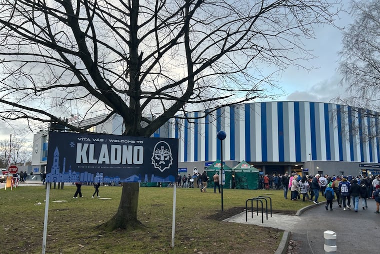 Outside CEŽ Stadion, the home rink of Rytíři Kladno, the club Jaromír Jágr owns and still plays for.