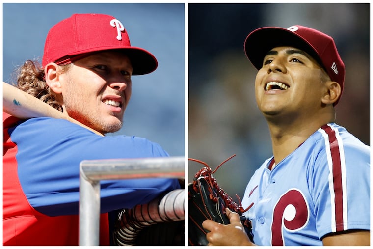 Third baseman Alec Bohm, left,  and pitcher Ranger Suarez were among six Phillies players who avoided arbitration Thursday by agreeing on 2025 salaries.