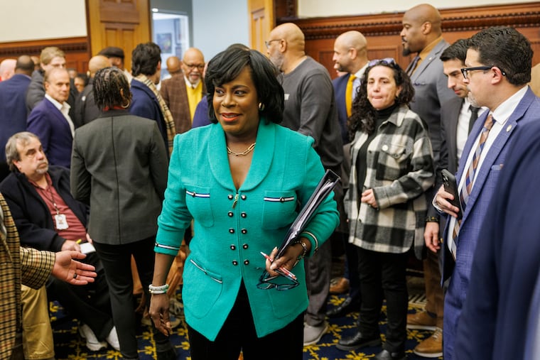 Mayor Cherelle L. Parker arrives for a news conference  Monday regarding the Sixers' decision to not build a new arena in Center City.