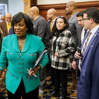 Mayor Cherelle L. Parker arrives for a news conference  Monday regarding the Sixers' decision to not build a new arena in Center City.