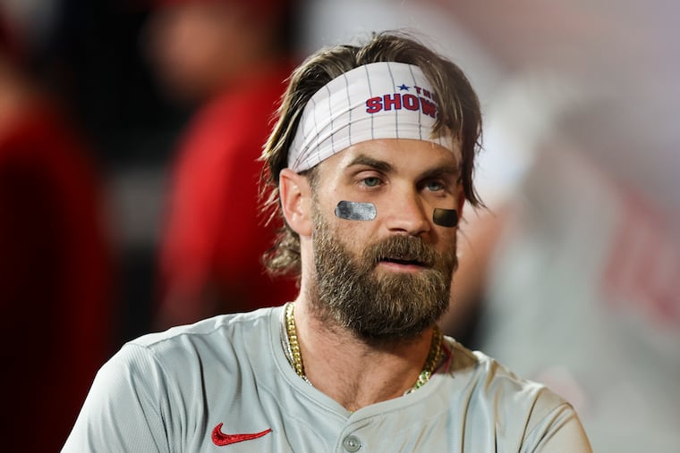 Phillies first baseman Bryce Harper shown in the dugout before a Sept. 19 game against the Mets.