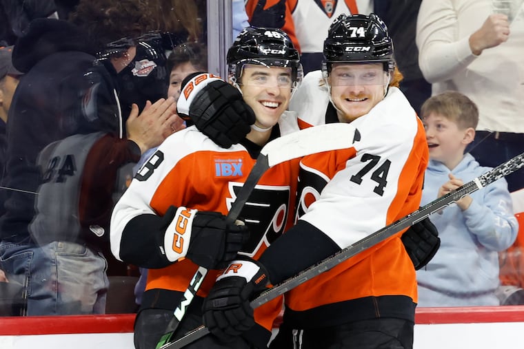 Flyers center Morgan Frost (left) has been rewarded for his recent focus on getting to the net.