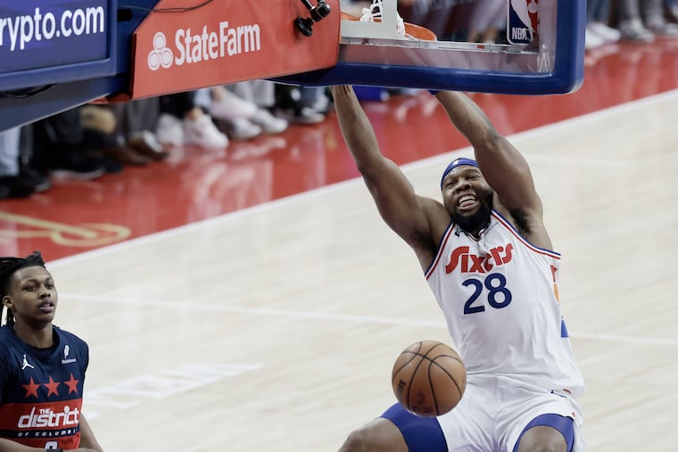 Sixers # 28 Guerschon Yabusele was fouled as he dunks the ball with 7.6 seconds left to give the Sixers a 107-103 lead during the Washington Wizards vs. Philadelphia 76ers (Sixers) NBA game at the Wells Fargo Center in Philadelphia on Wednesday, January 8, 2025.