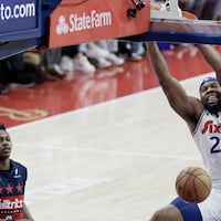 Sixers # 28 Guerschon Yabusele was fouled as he dunks the ball with 7.6 seconds left to give the Sixers a 107-103 lead during the Washington Wizards vs. Philadelphia 76ers (Sixers) NBA game at the Wells Fargo Center in Philadelphia on Wednesday, January 8, 2025.