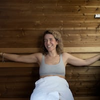 Lindsey Scannapieco , Managing partner at TEAM Scout, is photographed on Thursday, Dec. 26, 2024 in the pop-up sauna at the Swedish American History museum in Philadelphia, Pa.