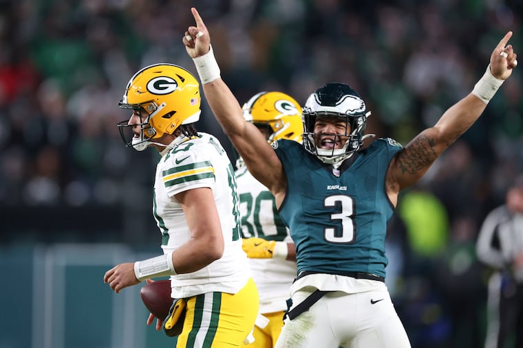 Eagles linebacker Nolan Smith reacts after he sacked Packers quarterback Jordan Love in the fourth quarter of the playoff victory. 