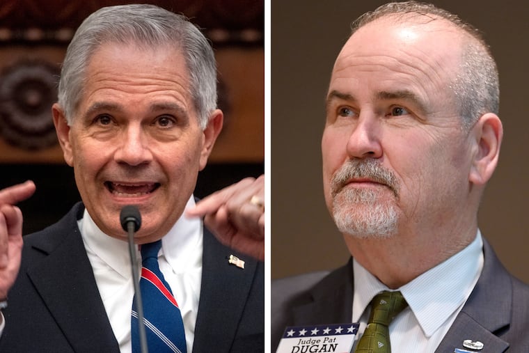 Left: District Attorney Larry Krasner speaks during a news conference in 2022. Right: Former Judge Patrick Dugan attends a campaign event in 2023, when he unsuccessfully ran for Superior Court. He is now running for Philadelphia district attorney.