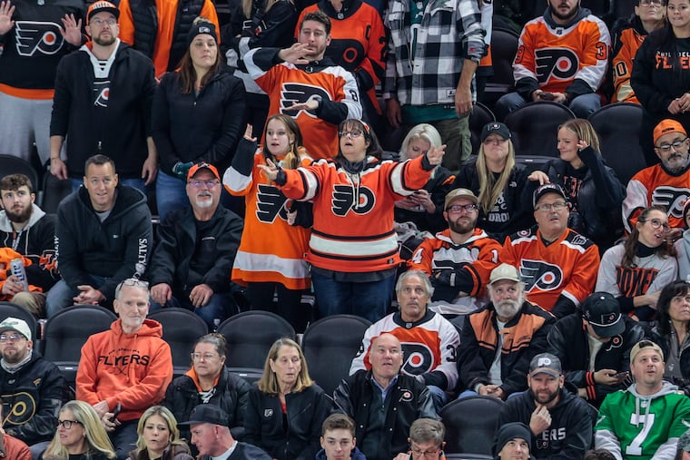 With 32 seconds left Flyers fans start dancing as they are beating the Panthers at the Wells Fargo Center in Philadelphia, Monday, January 13, 2025. Flyers come from behind to beat the Panthers 4-3.