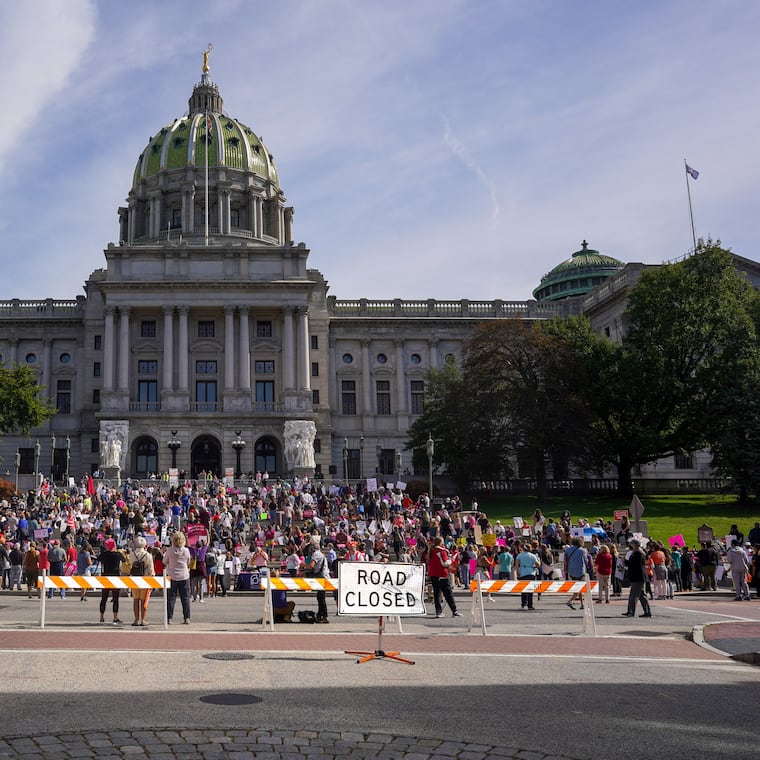 People gather outside the Pennsylvania State Capitol Building for the Bans Off Our Bodies rally in Harrisburg, Pennsylvania, October 2, 2021. The rally is part of demonstrations happening across the country defending women’s rights to seek abortions.